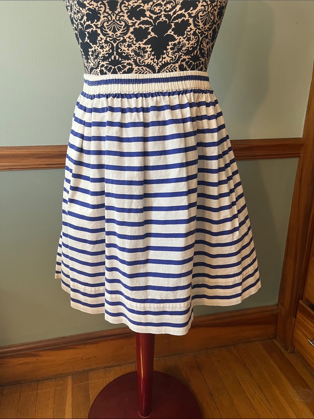 J. Crew Blue and White Striped Gathered Skirt